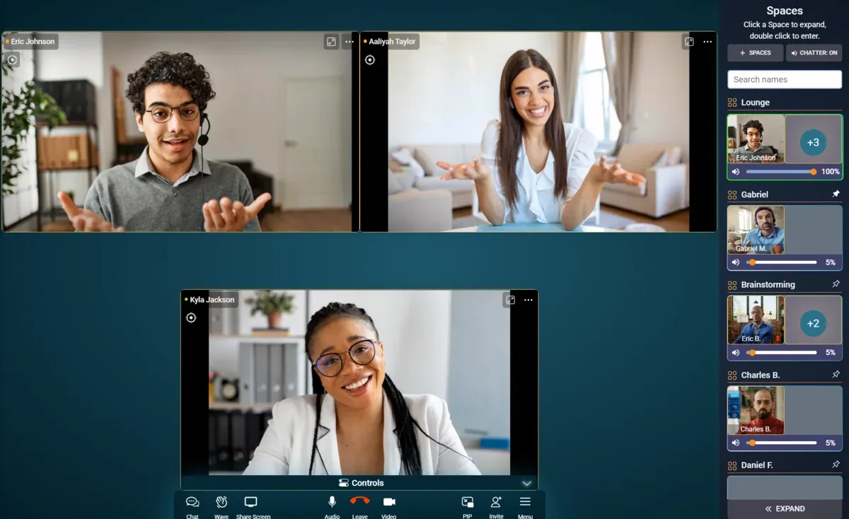Kino Live gallery view with teammates talking on video next to the live Spaces sidebar