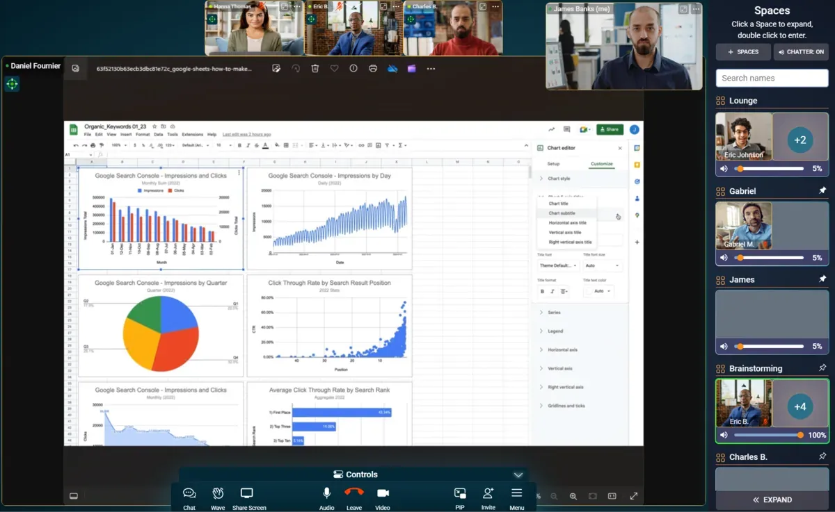Kino Live in-session screen share showing analytics charts while teammates are visible in the Spaces sidebar